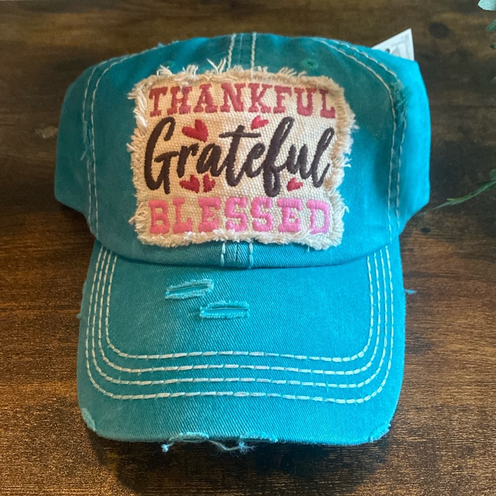 Unique green, distressed, Thankful, Grateful, Blessed bill cap!